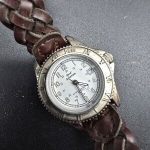 Sport America Wrist Watch Brown Braided Band White Silver Tone Face WORKS